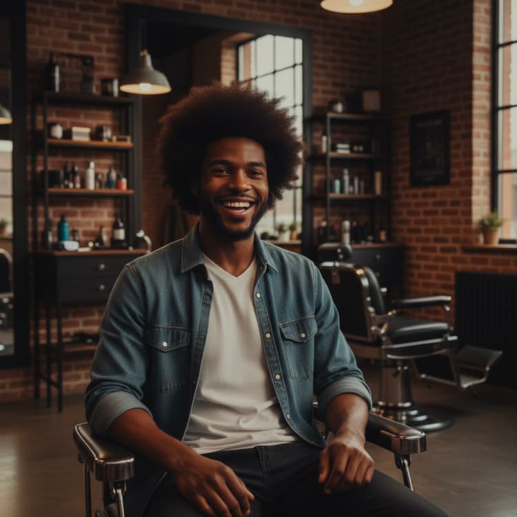 Smiling man with an afro seated in a barber's chair in a brick-walled salon