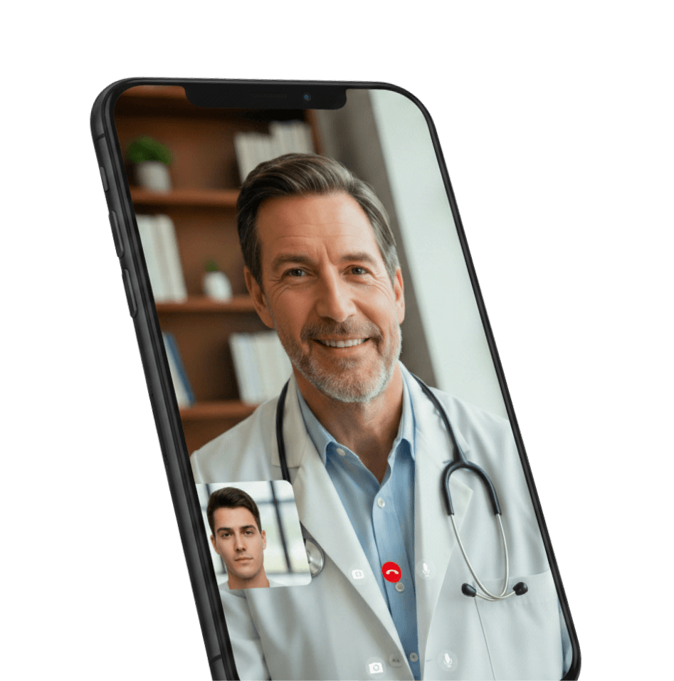 Phone showing a video visit with a smiling clinician in a white coat and stethoscope