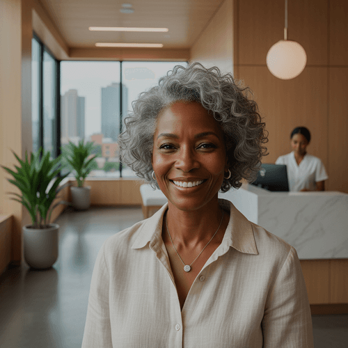 Woman with grey hair smiling in a clinic waiting room